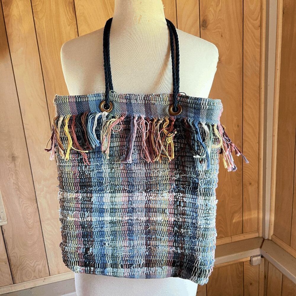 Handwoven Recycled Denim Tote Bag Boho Festival Market Upcycled Fringe Shoulder